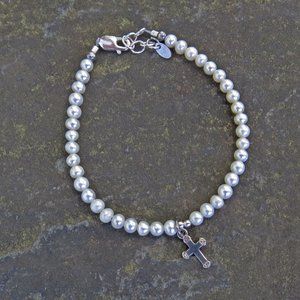 Girl's pearl and sterling silver cross bracelet